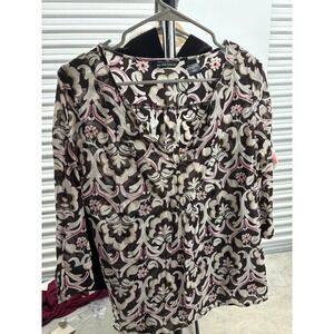 New York & Company Floral Print 3/4 Sleeve‎ Blouse Top Brown Beige Womens